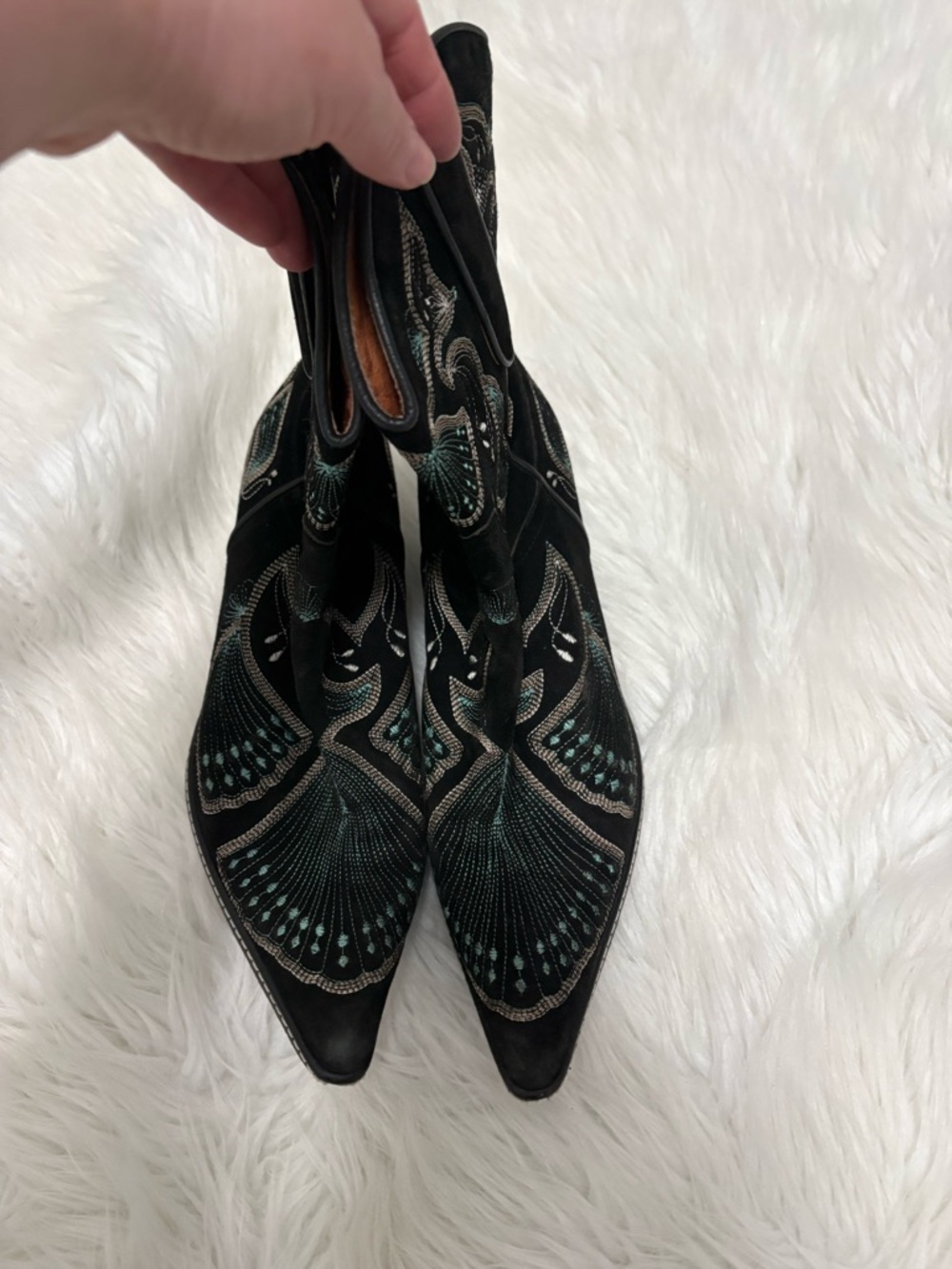 Donald Pliner Western Peace Black Suede Boots Embroidered Boots Teal Stitching